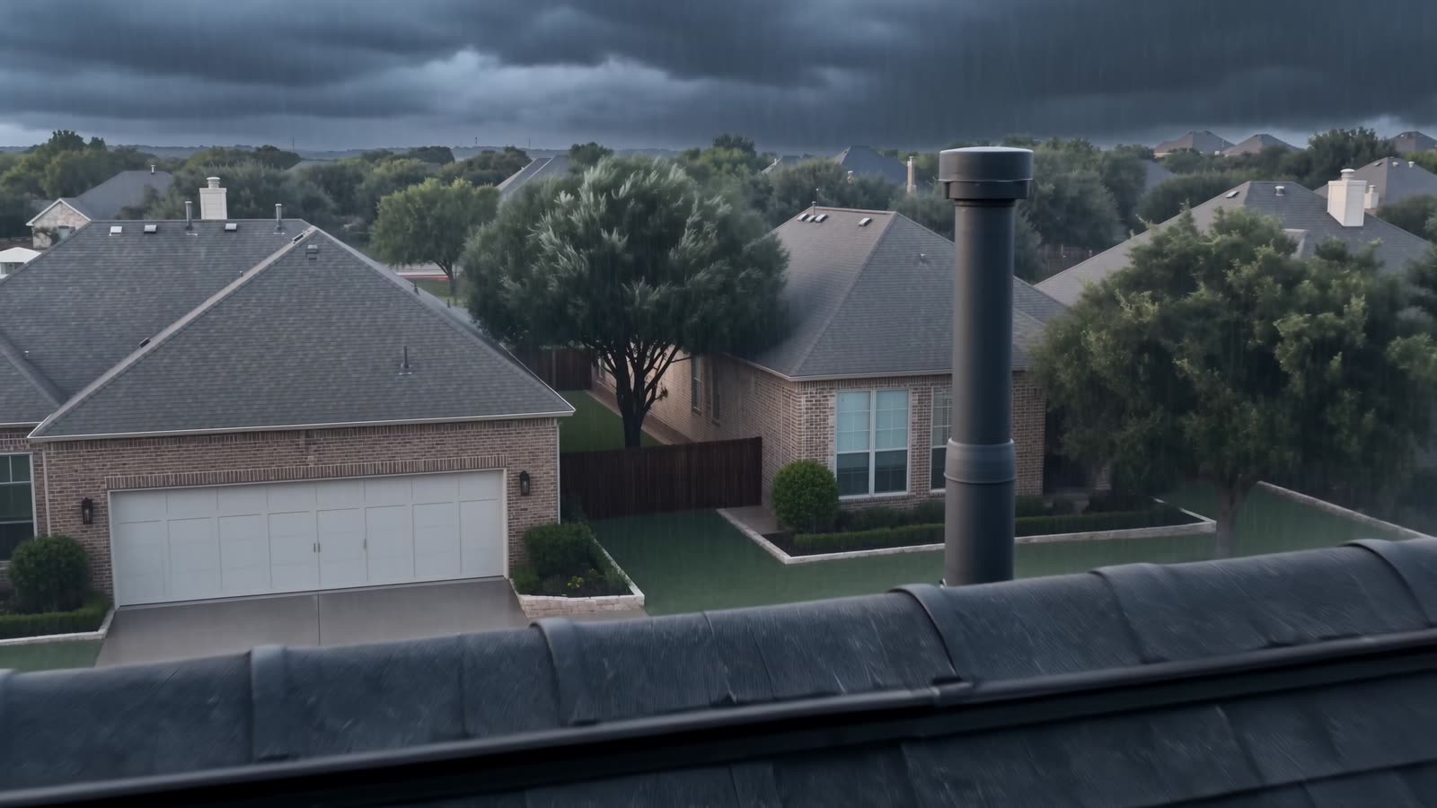 Placeholder frame: a Texas roof under heavy storm conditions.