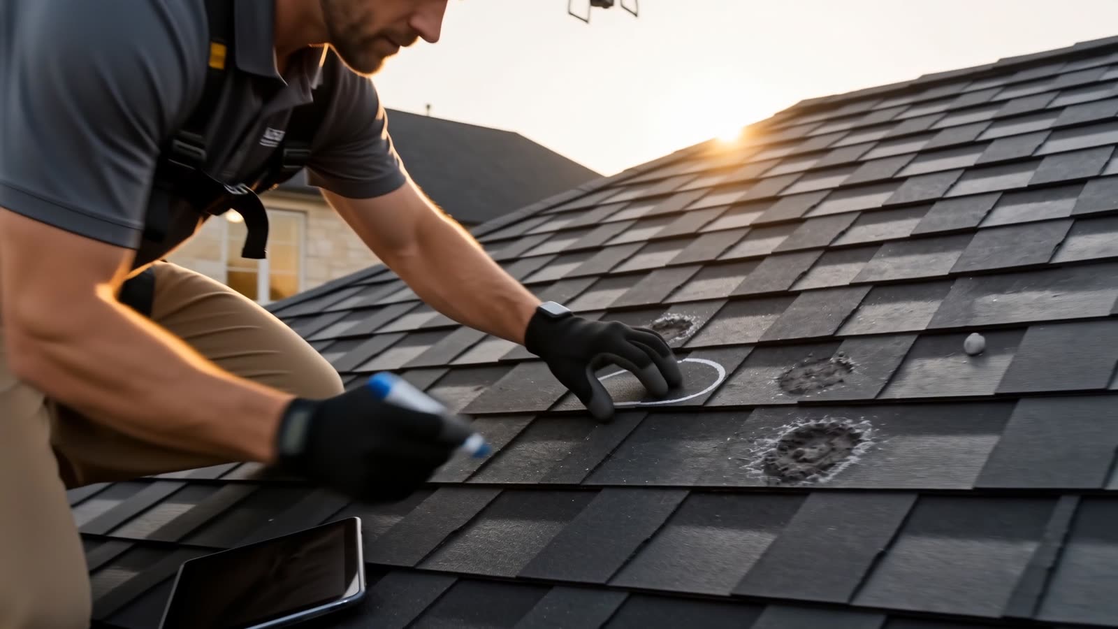 Before and after comparison of a hail-damaged roof and its completed replacement.