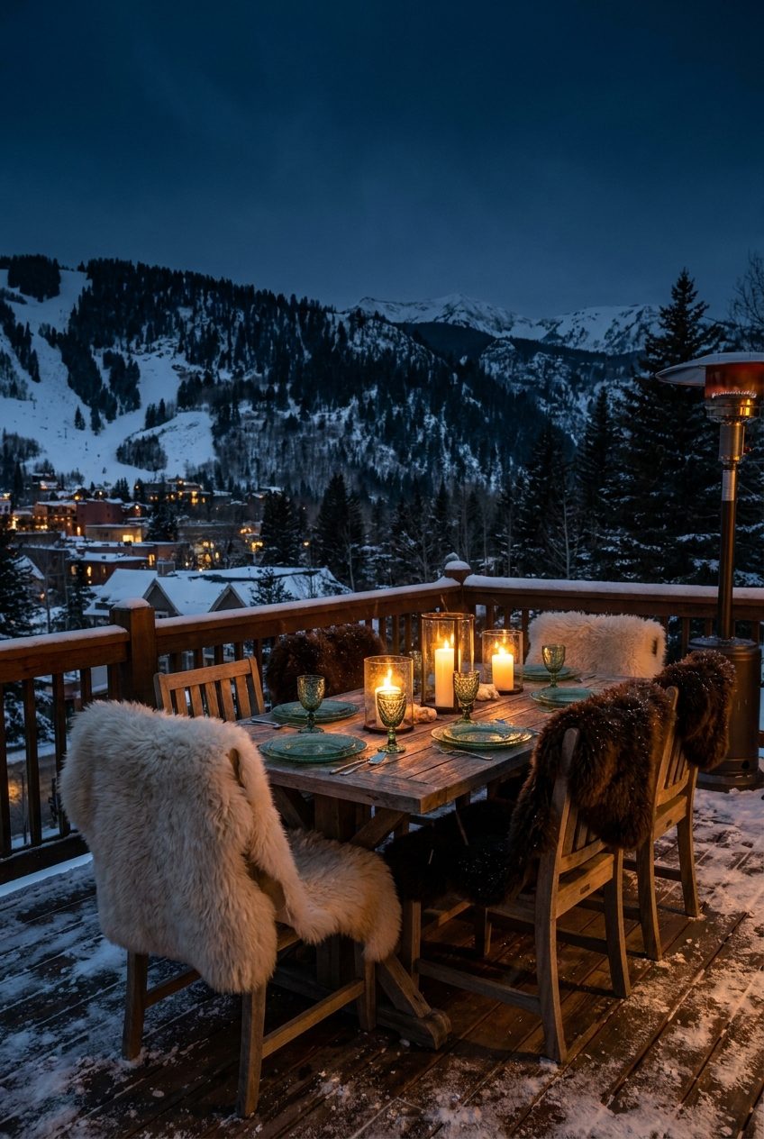 Dinner set on the snow terrace, candles held in the still cold air.
