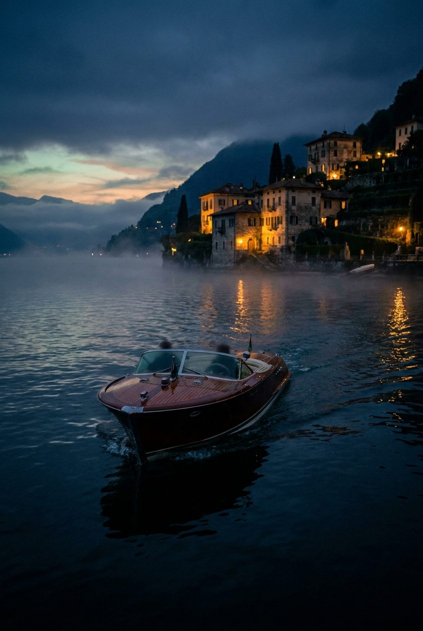 A private crossing at dusk aboard a varnished water taxi, ending at the villa steps.