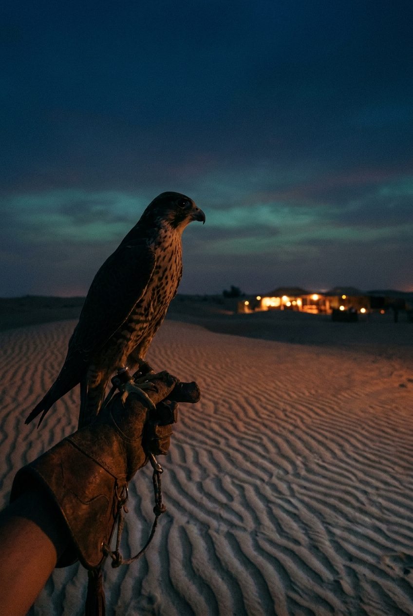 Falconry on the dunes at twilight, the pavilion lights low on the horizon.