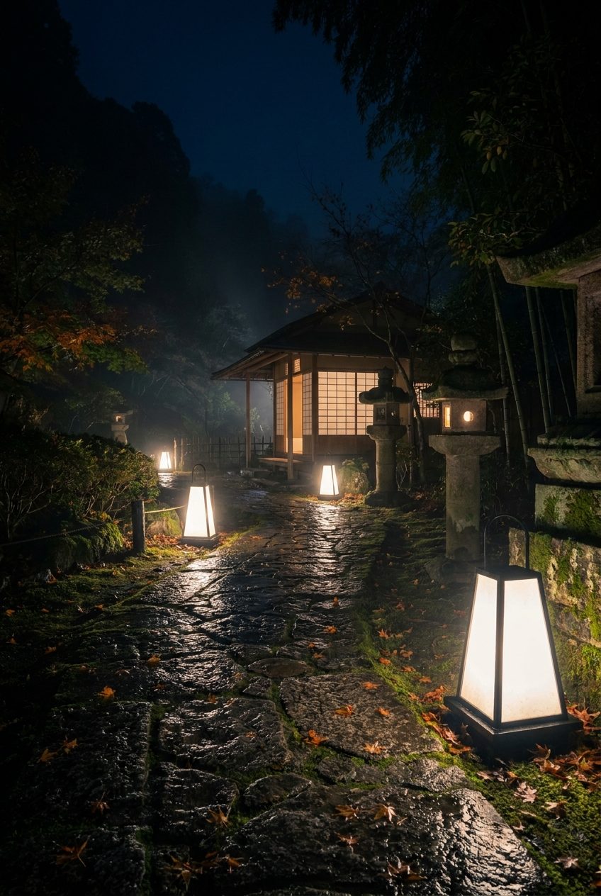 A lantern-lit walk to a reserved tea house in the garden quarter.